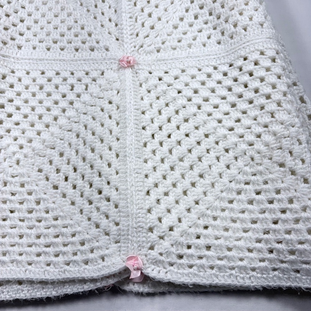 Handmade Crochet White Baby Girl Blanket Pink Ribbon Roses Granny Square Vintage